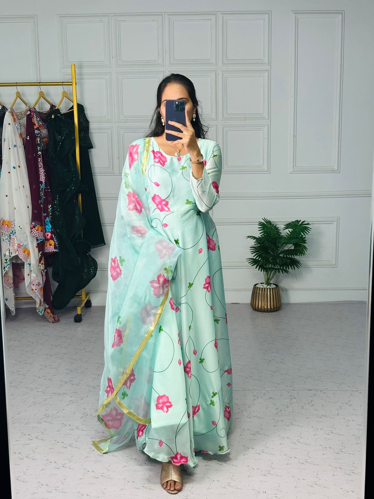 Stylish Sky Blue Color Printed Satin Georgette Gown