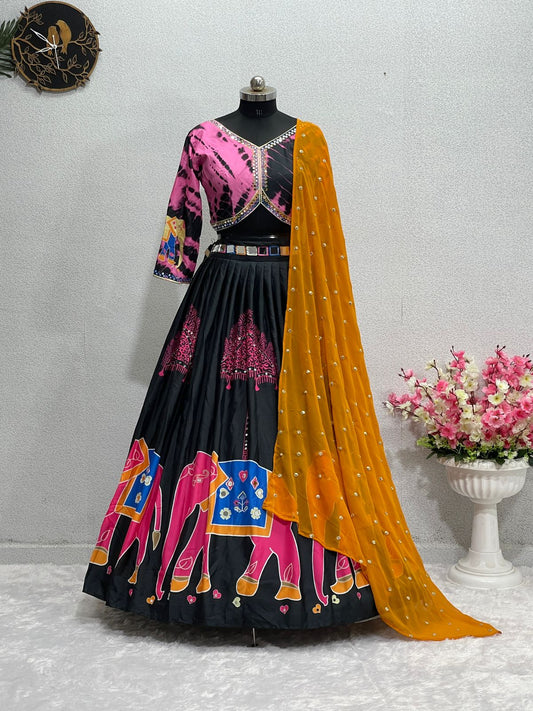 Navratri Wear Real Mirror Work Digital Print Black Color Lehenga Choli