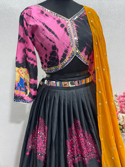 Navratri Wear Real Mirror Work Digital Print Black Color Lehenga Choli