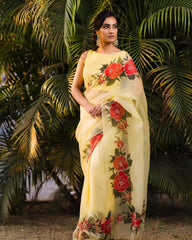 Party Wear Yellow Color Organza Silk Saree