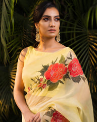 Party Wear Yellow Color Organza Silk Saree