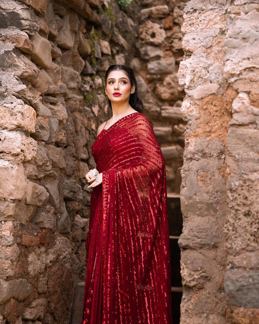 Outstanding Red Color Sequence Work Saree