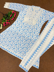 Admiring Embroidery Thread Work Blue Color Top With Pent