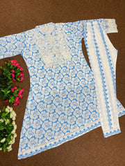 Admiring Embroidery Thread Work Blue Color Top With Pent