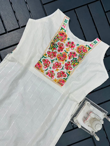 Multi Thread Embroidery Work White Color Kurti