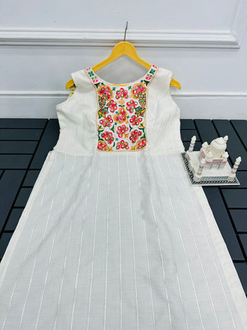 Multi Thread Embroidery Work White Color Kurti