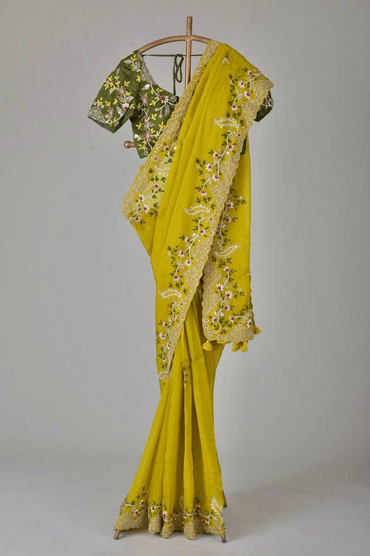 Fabulous Yellow Color Embroidery Sequence Work Saree