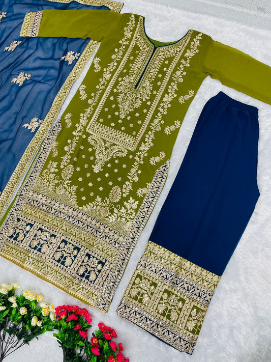 Wedding Wear Heavy Work Green And Blue Color Palazzo Suit