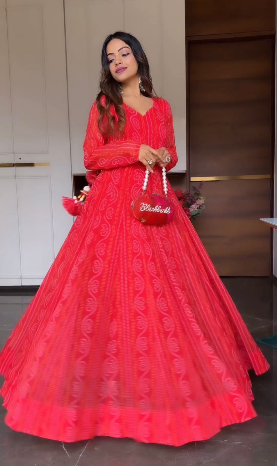Bandhani Print Red Color Anarkali Gown