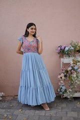 Rich Position Print Work Sky Blue Color Flattering Gown