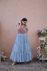 Rich Position Print Work Sky Blue Color Flattering Gown