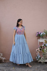 Rich Position Print Work Sky Blue Color Flattering Gown