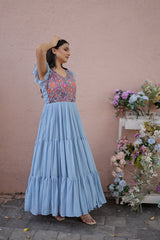 Rich Position Print Work Sky Blue Color Flattering Gown