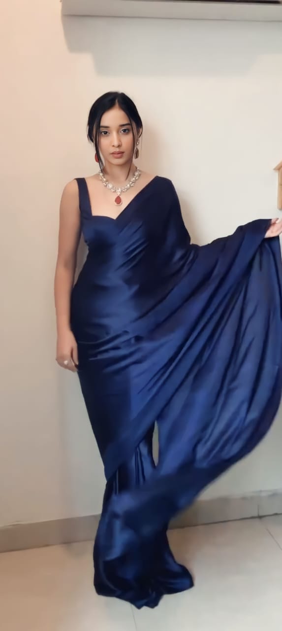 Embellished Satin Silk Navy Blue Color Ready To Wear Saree