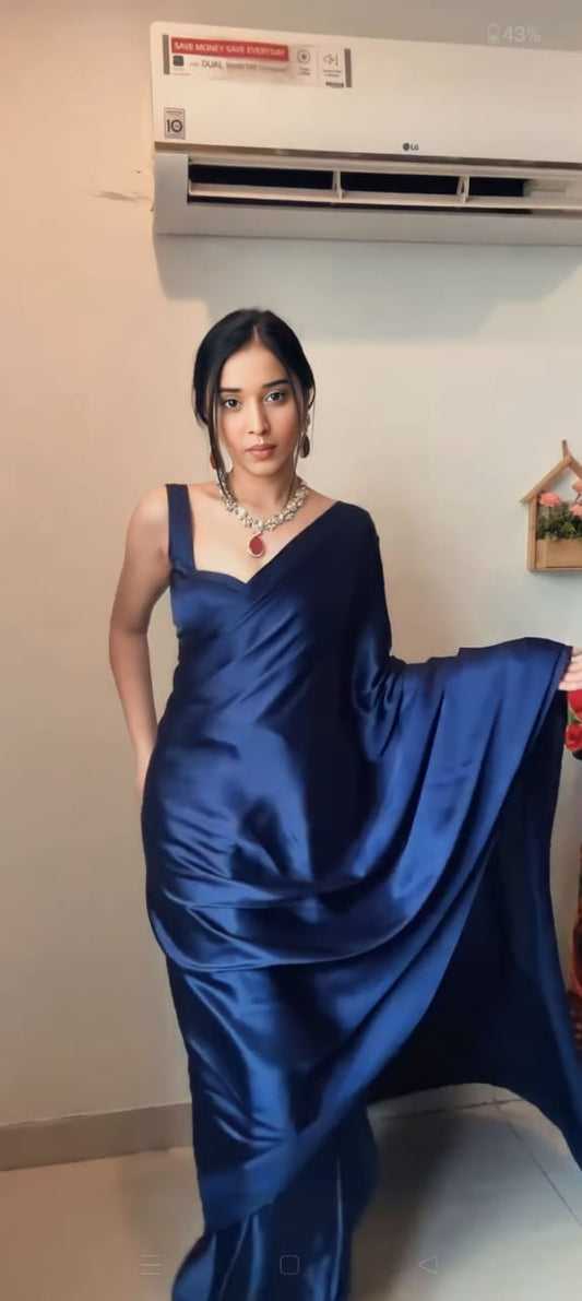 Embellished Satin Silk Navy Blue Color Ready To Wear Saree