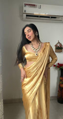 Embellished Satin Silk Chiku Color Ready To Wear Saree