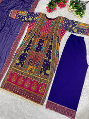 Wedding Wear Blue Color Multi Hand Work Sharara Suit