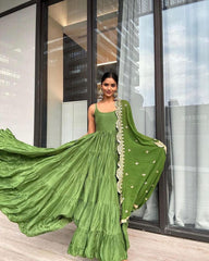 Party Wear Parrot Green Color Ruffle Style Gown