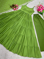 Party Wear Parrot Green Color Ruffle Style Gown