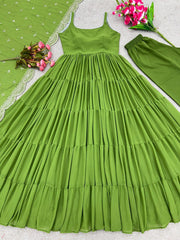 Party Wear Parrot Green Color Ruffle Style Gown