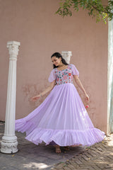 Bell Sleeve Lavender Color Multi Thread Work Ruffle Gown