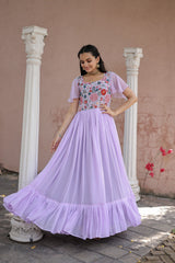 Bell Sleeve Lavender Color Multi Thread Work Ruffle Gown