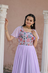 Bell Sleeve Lavender Color Multi Thread Work Ruffle Gown