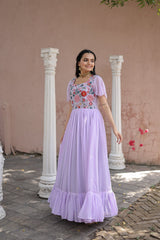 Bell Sleeve Lavender Color Multi Thread Work Ruffle Gown