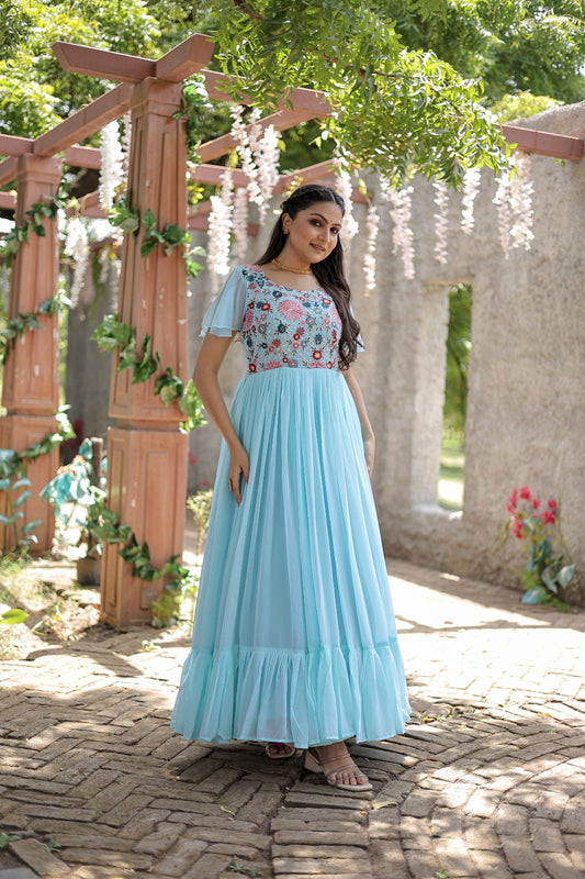 Bell Sleeve Sky Blue Color Multi Thread Work Ruffle Gown