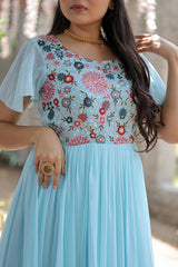 Bell Sleeve Sky Blue Color Multi Thread Work Ruffle Gown