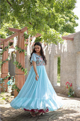 Bell Sleeve Sky Blue Color Multi Thread Work Ruffle Gown