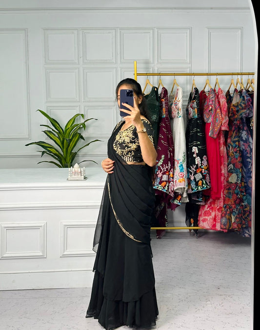 Exclusive Embroidery Work Black Color Lehenga Saree