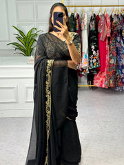 Exclusive Embroidery Work Black Color Lehenga Saree