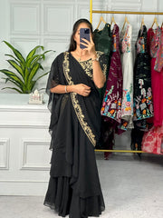 Exclusive Embroidery Work Black Color Lehenga Saree