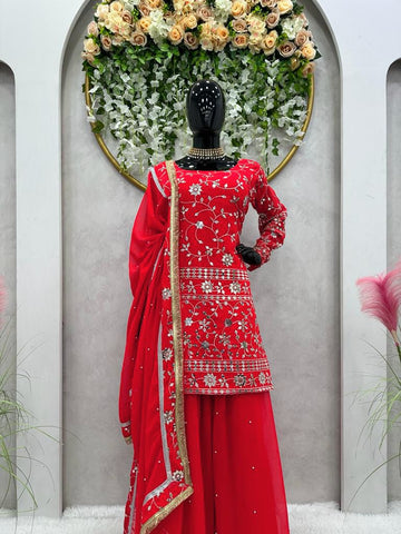 Amazing Red Embroidery Sequence Work Sharara Suit