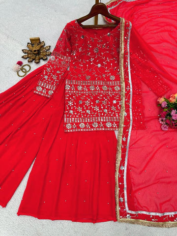 Amazing Red Embroidery Sequence Work Sharara Suit
