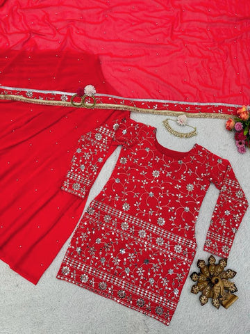 Amazing Red Embroidery Sequence Work Sharara Suit