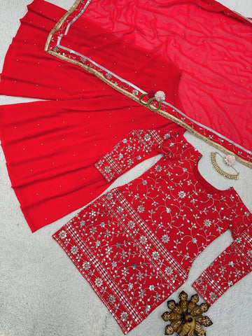 Amazing Red Embroidery Sequence Work Sharara Suit