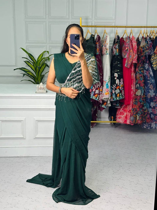 Fancy Dark Green Ready To Wear Saree With Shrug