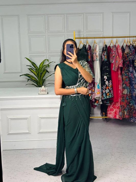 Fancy Dark Green Ready To Wear Saree With Shrug