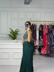 Fancy Dark Green Ready To Wear Saree With Shrug