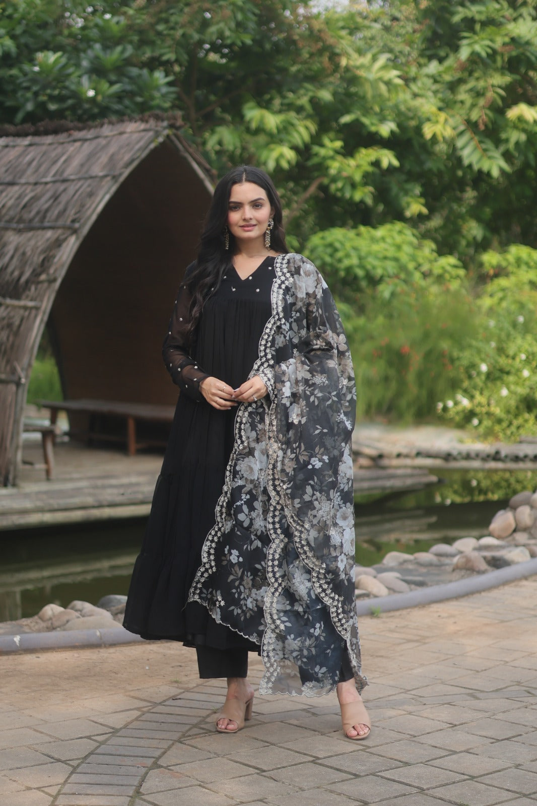 Black Color Alia Cut Kurti Set With Rich Print Dupatta Gown