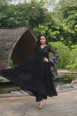 Black Color Alia Cut Kurti Set With Rich Print Dupatta Gown