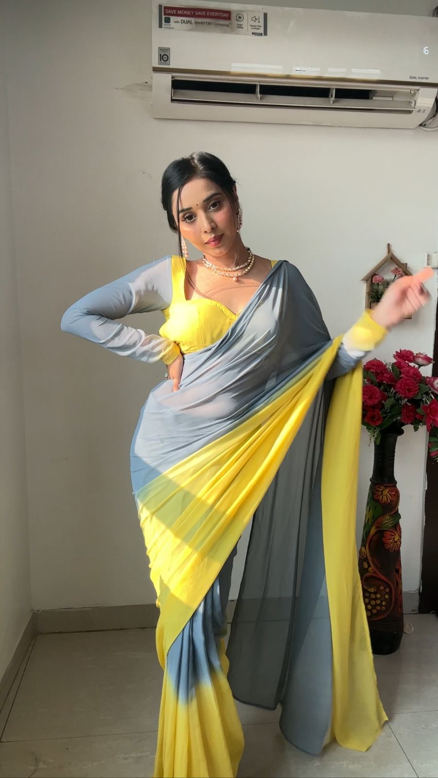 Stylish Ready To Wear Yellow And Gray Double Tone Saree