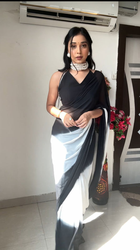 Terrific Ready To Wear Black And White Color Print Saree