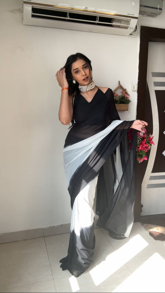 Terrific Ready To Wear Black And White Color Print Saree