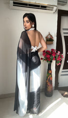 Terrific Ready To Wear Black And White Color Print Saree