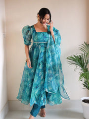 Amazing Blue Color Printed Organza Anarkali Suit