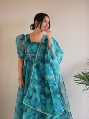 Amazing Blue Color Printed Organza Anarkali Suit