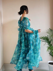 Amazing Blue Color Printed Organza Anarkali Suit